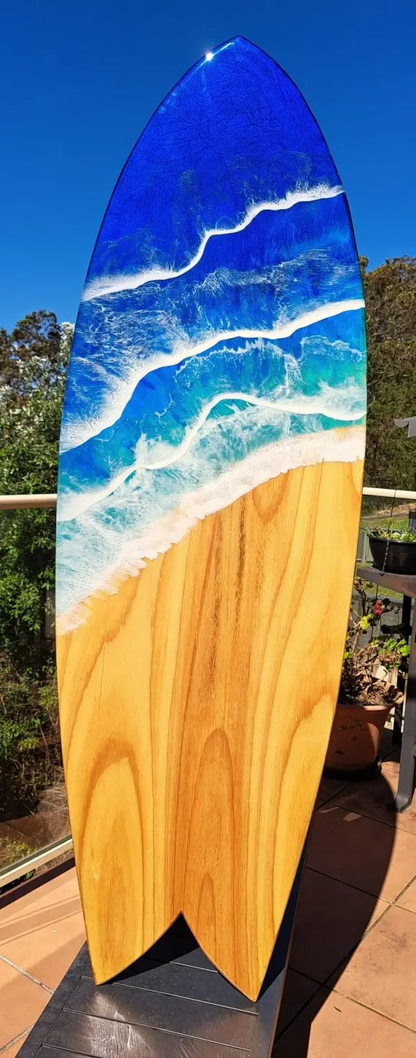 Resin wooden surfboard art piece